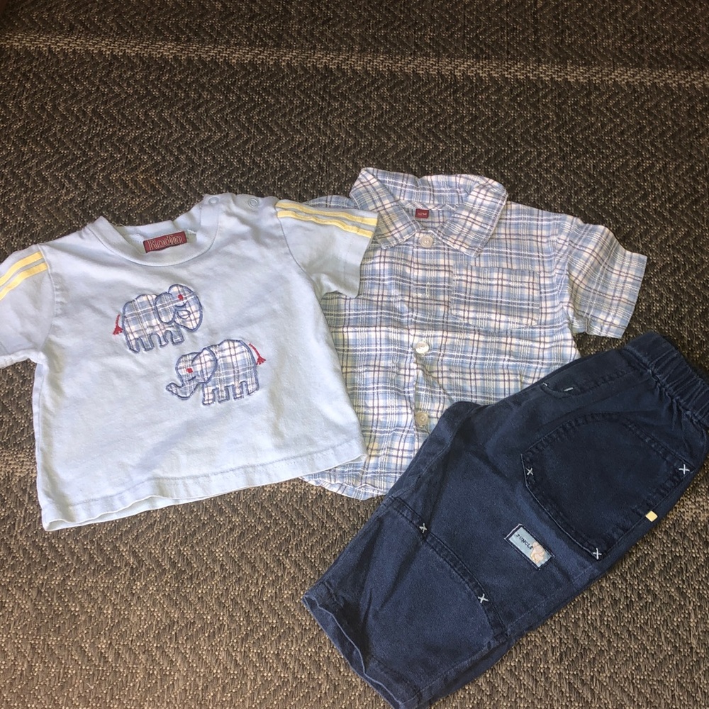 3 piece Light Blue Tee, Blue Plaid Button-Down & Navy pants Set